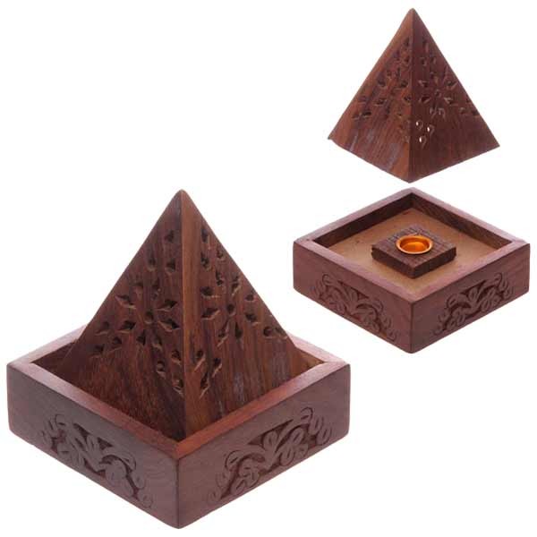 Sheesham Wood Pyramid Incense Cone Box with Flower Fretwork 1 Sheesham Wood Pyramid Incense Cone Box with Flower Fretwork