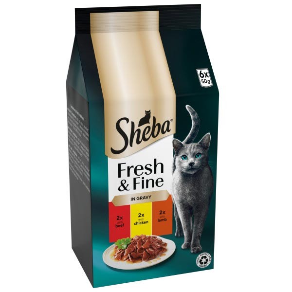 Sheba Fresh & Fine Cat Pouches with Beef, Chicken & Lamb in Gravy 6x50g 1 Sheba Fresh & Fine Cat Pouches with Beef, Chicken & Lamb in Gravy 6x50g