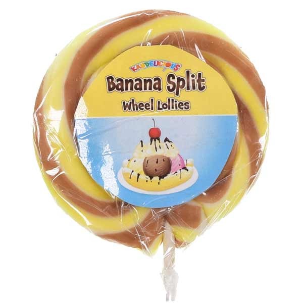 McAdams Kandelicious Large Wheel Banana Split Lolly 75g 1 McAdams Kandelicious Large Wheel Banana Split Lolly 75g