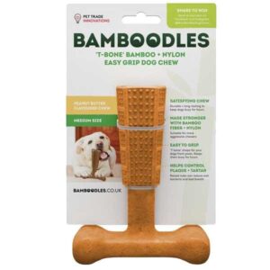 Bamboodles Dog T-Bone Bamboo+Nylon Chew Peanut Butter Medium (6")
