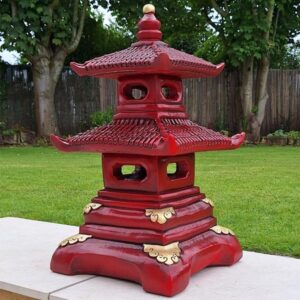 2 Tier Red Pagoda Oriental Stone Garden Ornament 70cm