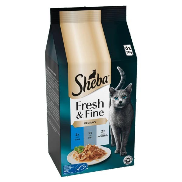 Sheba Fresh & Fine Pouches Tuna & Cod in Gravy Adult 6x50g Wet Cat Food 1 Sheba Fresh & Fine Pouches Tuna & Cod in Gravy Adult 6x50g Wet Cat Food