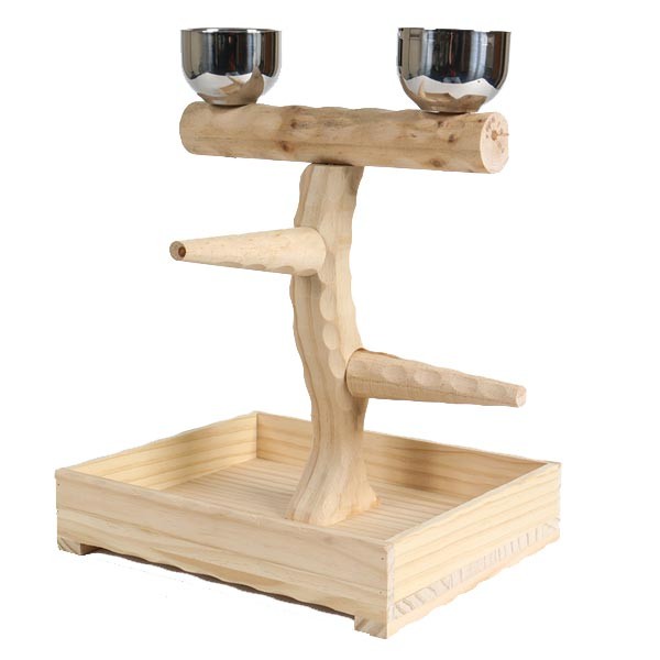 Northern Parrot Small Table Top Wood Stand with Feeding Bowls 1 Northern Parrot Small Table Top Wood Stand with Feeding Bowls