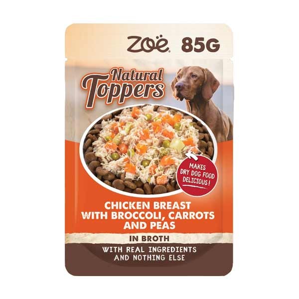 Zoe Natural Toppers Chicken with Broccoli, Carrots & Peas 85g Pouch 1 Zoe Natural Toppers Chicken with Broccoli, Carrots & Peas 85g Pouch