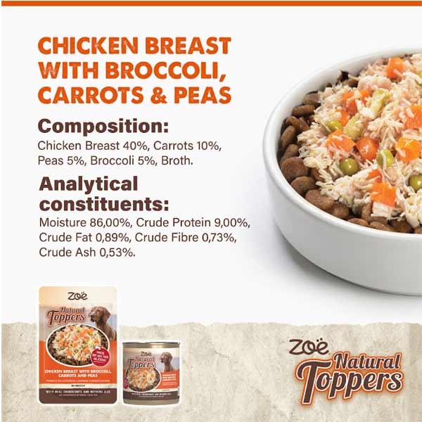 Zoe Natural Toppers Chicken with Broccoli, Carrots & Peas 85g Pouch 4 Zoe Natural Toppers Chicken with Broccoli, Carrots & Peas 85g Pouch - Image 4