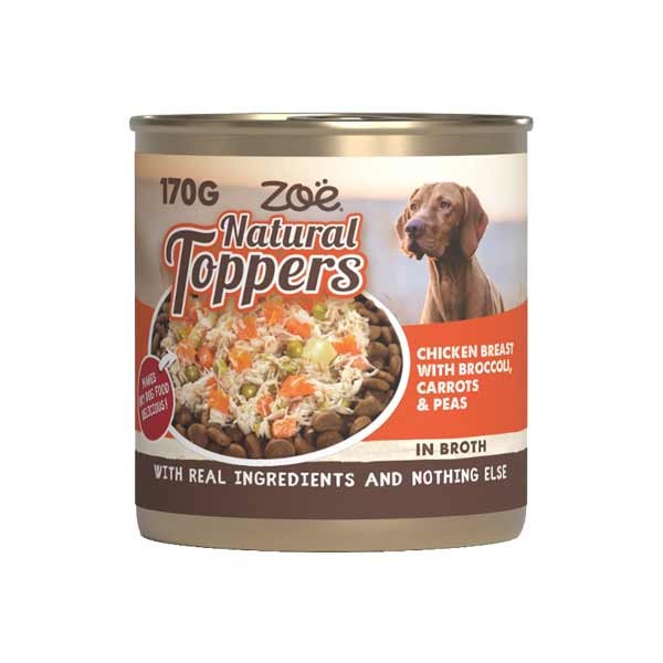 Zoe Natural Toppers Chicken with Broccoli, Carrots & Peas 170g Can 1 Zoe Natural Toppers Chicken with Broccoli, Carrots & Peas 170g Can