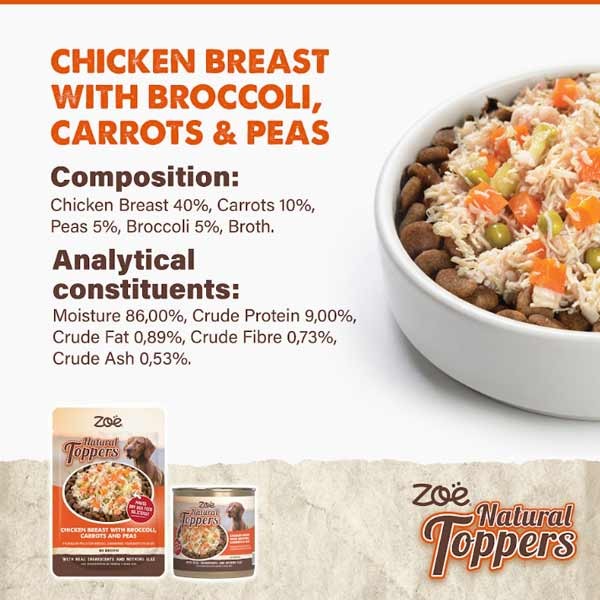 Zoe Natural Toppers Chicken with Broccoli, Carrots & Peas 170g Can 4 Zoe Natural Toppers Chicken with Broccoli, Carrots & Peas 170g Can - Image 4