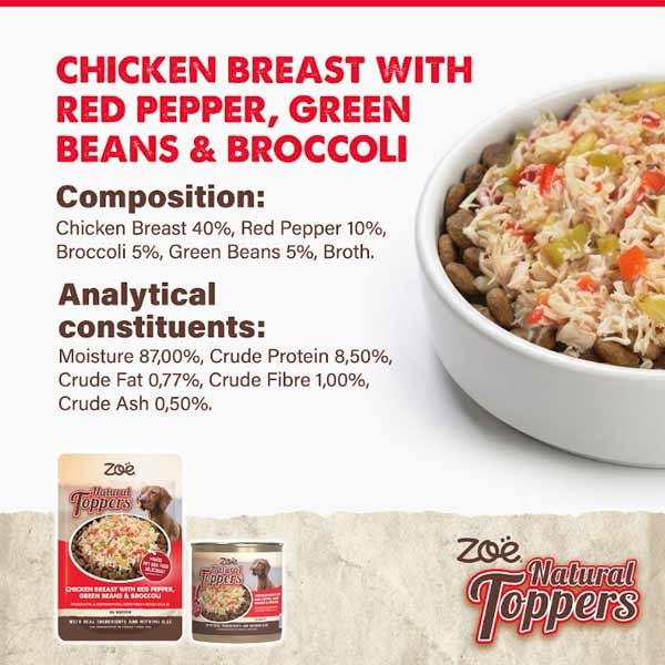 Zoe Natural Toppers Chicken with Red Pepper, Green Beans & Broccoli 170g Can 4 Zoe Natural Toppers Chicken with Red Pepper, Green Beans & Broccoli 170g Can - Image 4