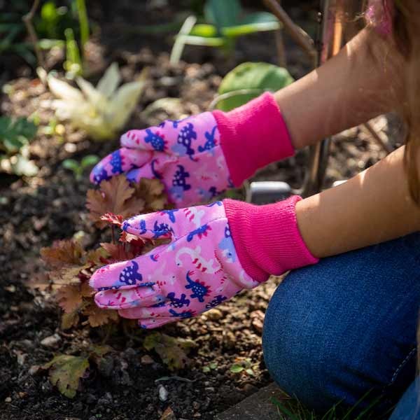 Kent & Stowe Pink Dinosaur Kids Gardening Gloves 2 Kent & Stowe Pink Dinosaur Kids Gardening Gloves - Image 2