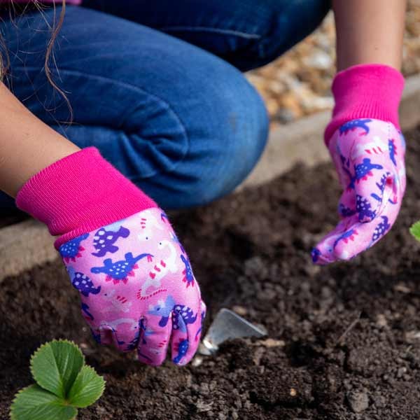 Kent & Stowe Pink Dinosaur Kids Gardening Gloves 3 Kent & Stowe Pink Dinosaur Kids Gardening Gloves - Image 3