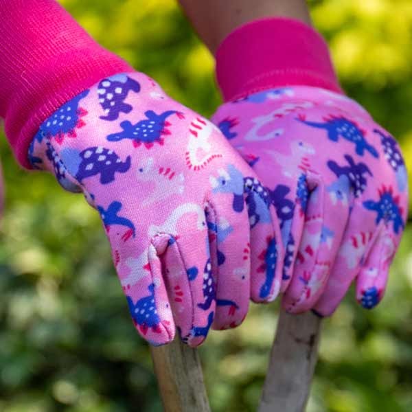 Kent & Stowe Pink Dinosaur Kids Gardening Gloves 4 Kent & Stowe Pink Dinosaur Kids Gardening Gloves - Image 4
