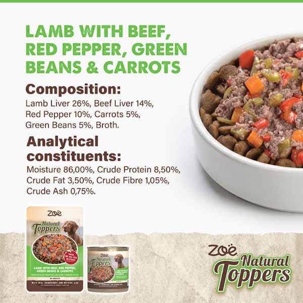 Zoe Natural Toppers Lamb with Beef, Red Pepper and Carrots 85g Pouch 4 Zoe Natural Toppers Lamb with Beef, Red Pepper and Carrots 85g Pouch - Image 4