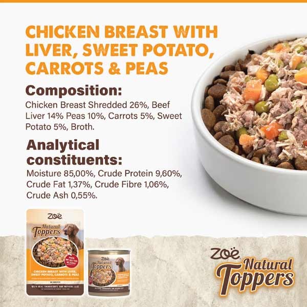 Zoe Natural Toppers Chicken with Liver, Sweet Potato Carrots & Peas 170g Can 4 Zoe Natural Toppers Chicken with Liver, Sweet Potato Carrots & Peas 170g Can - Image 4